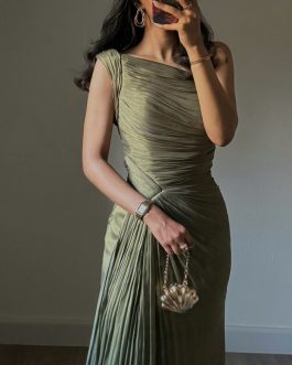 Pleated Ribbon Elegant Long Evening Dress