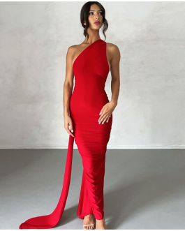 Sexy Backless Halter Oblique Shoulder Pleated Evening Elegant Women’s Maxi Party Dress