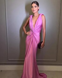 Sexy V-neck sleeveless backless slim fit elegant long evening pink prom dress for special occasions
