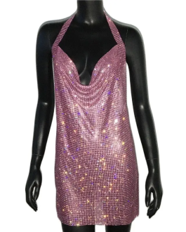 Sexy Backless Formal Short Dress Shiny Rhinestone Halter Neck Side Split Sleeveless Club Evening Party Wear Dress