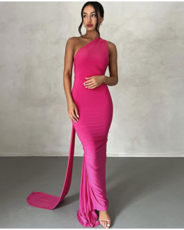 Sexy Backless Halter Oblique Shoulder Pleated Evening Elegant Women’s Maxi Party Dress
