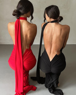 Sexy Backless Halter Oblique Shoulder Pleated Evening Elegant Women’s Maxi Party Dress