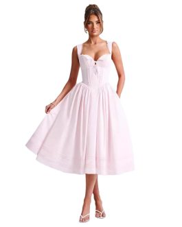 Elegant Fashion High-Waist Backless Strapless Party Wear Pink Formal Dress for Women