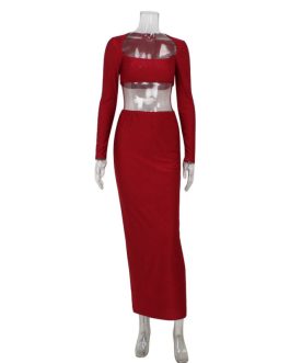 long sleeved strapless short top, high waist hip hugging long skirt, sexy and spicy Special Occasion two-piece set