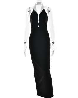Hanging neck and lapel long sexy V-neck slim fit backless formal Elegant Party Wear dress