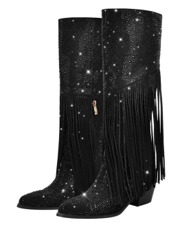 Crystal Fringe Western Knee High Sheep Suede Cowgirl Boots with Sparkle Detailing & Block Heel