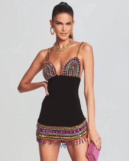 Black Crystal Bandage Mini Sleeveless Bodycon fit Party & Evening Dress