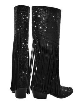 Crystal Fringe Western Knee High Sheep Suede Cowgirl Boots with Sparkle Detailing & Block Heel