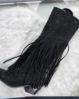 Crystal Fringe Western Knee High Sheep Suede Cowgirl Boots with Sparkle Detailing & Block Heel