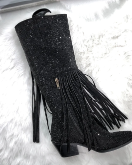 Crystal Fringe Western Knee High Sheep Suede Cowgirl Boots with Sparkle Detailing & Block Heel