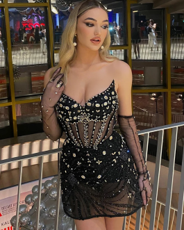 Black Luxury High Quality Evening Party or Clubwear Sexy Mini Dress For Women with Strapless Crystal Design