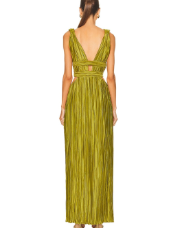Sexy Sleeveless & backless V Neck Long Dress with Green Straps & High Waist Pleated Maxi Party Evening Dress
