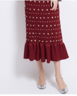 Solid Color Long Sleeved Knitted Fish Tail Dress with Rhinestones