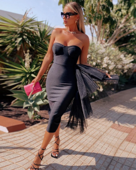 Noir Sculpt high waisted Bandage strapless mesh dress