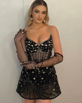 Black Luxury High Quality Evening Party or Clubwear Sexy Mini Dress For Women with Strapless Crystal Design
