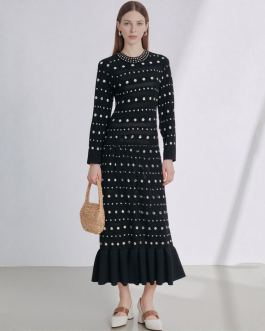 Solid Color Long Sleeved Knitted Fish Tail Dress with Rhinestones