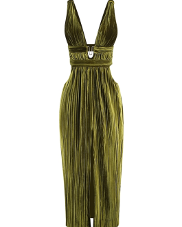 Sexy Sleeveless & backless V Neck Long Dress with Green Straps & High Waist Pleated Maxi Party Evening Dress