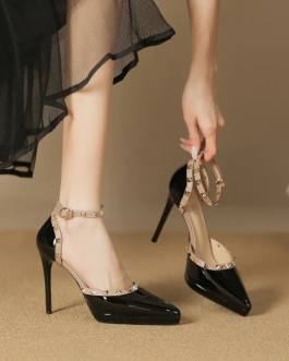 Luxe Rivet Decor Patent Ankle Strap Stiletto Pumps