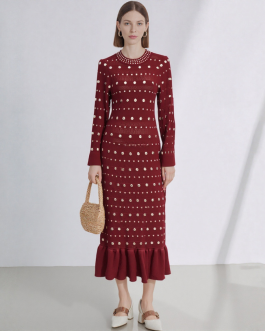Solid Color Long Sleeved Knitted Fish Tail Dress with Rhinestones