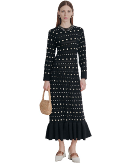 Solid Color Long Sleeved Knitted Fish Tail Dress with Rhinestones