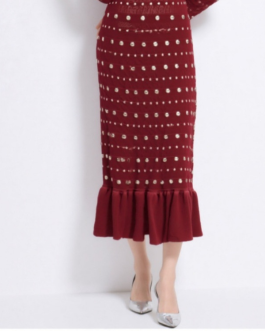 Solid Color Long Sleeved Knitted Fish Tail Dress with Rhinestones