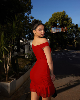 Noir Elegance Women’s Off Shoulder Solid Color Lace Trim Dress