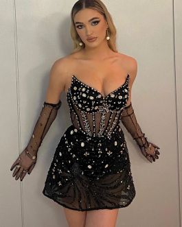 Black Luxury High Quality Evening Party or Clubwear Sexy Mini Dress For Women with Strapless Crystal Design