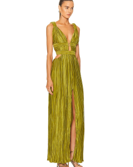 Sexy Sleeveless & backless V Neck Long Dress with Green Straps & High Waist Pleated Maxi Party Evening Dress