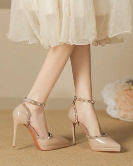 Luxe Rivet Decor Patent Ankle Strap Stiletto Pumps