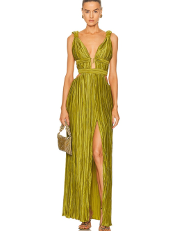Sexy Sleeveless & backless V Neck Long Dress with Green Straps & High Waist Pleated Maxi Party Evening Dress