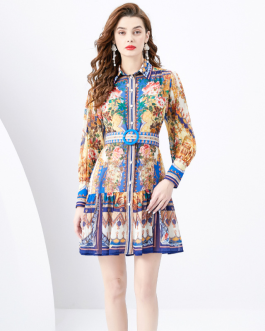 Palace Style Retro Printed Slim Fit Mini Dress