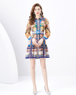 Palace Style Retro Printed Slim Fit Mini Dress