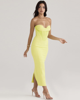 Yellow Strapless Fishbone Bodycon tight and sexy Midi Dress