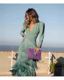 Deep V-fringe slim fit long dress