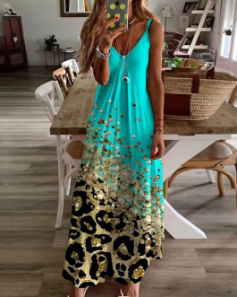 3D Leopard fashion Print Sequin A-Line Sling Loose Strap Maxi Dress