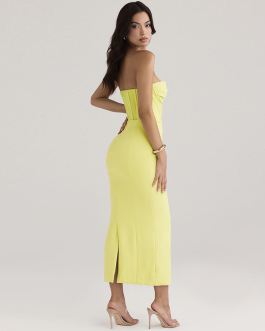 Yellow Strapless Fishbone Bodycon tight and sexy Midi Dress