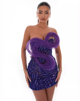Fashionable backless one shoulder design strapless mesh sequin tight purple mini dress.