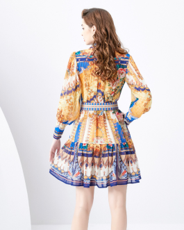 Palace Style Retro Printed Slim Fit Mini Dress