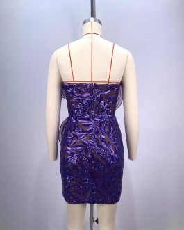 Fashionable backless one shoulder design strapless mesh sequin tight purple mini dress.