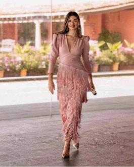 Deep V-fringe slim fit long dress