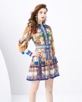 Palace Style Retro Printed Slim Fit Mini Dress