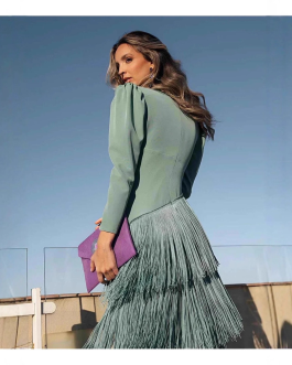 Deep V-fringe slim fit long dress