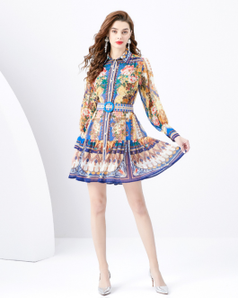 Palace Style Retro Printed Slim Fit Mini Dress