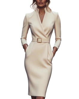 Elegant Bohemian Retro Long Sleeve Bodycon Midi Dress with Belt and pockets